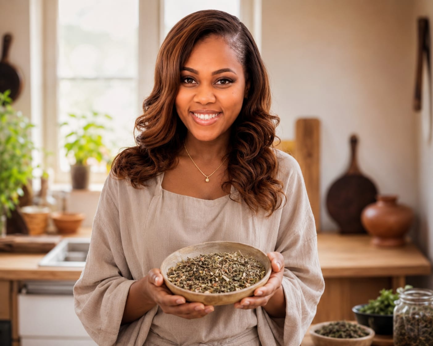 OSHUN founder blending dried herbs in a sunlit kitchen